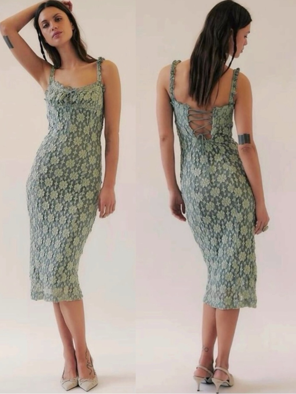 Free People Ethereal Dainty Romantic Lucinda Lace Midi Dress Lilypad Jade Medium